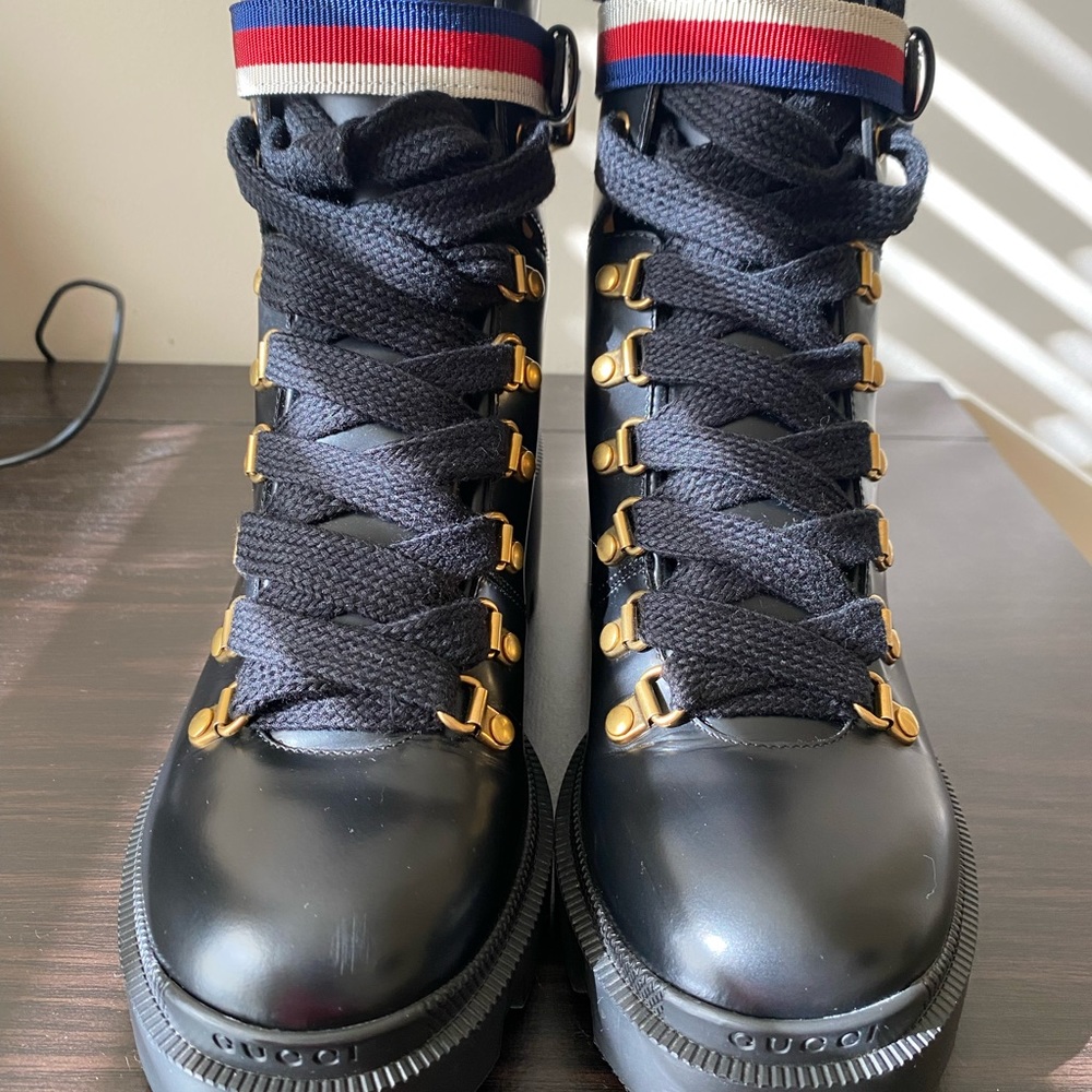 Authentic Gucci Leather ankle boot with Sylvie Web.